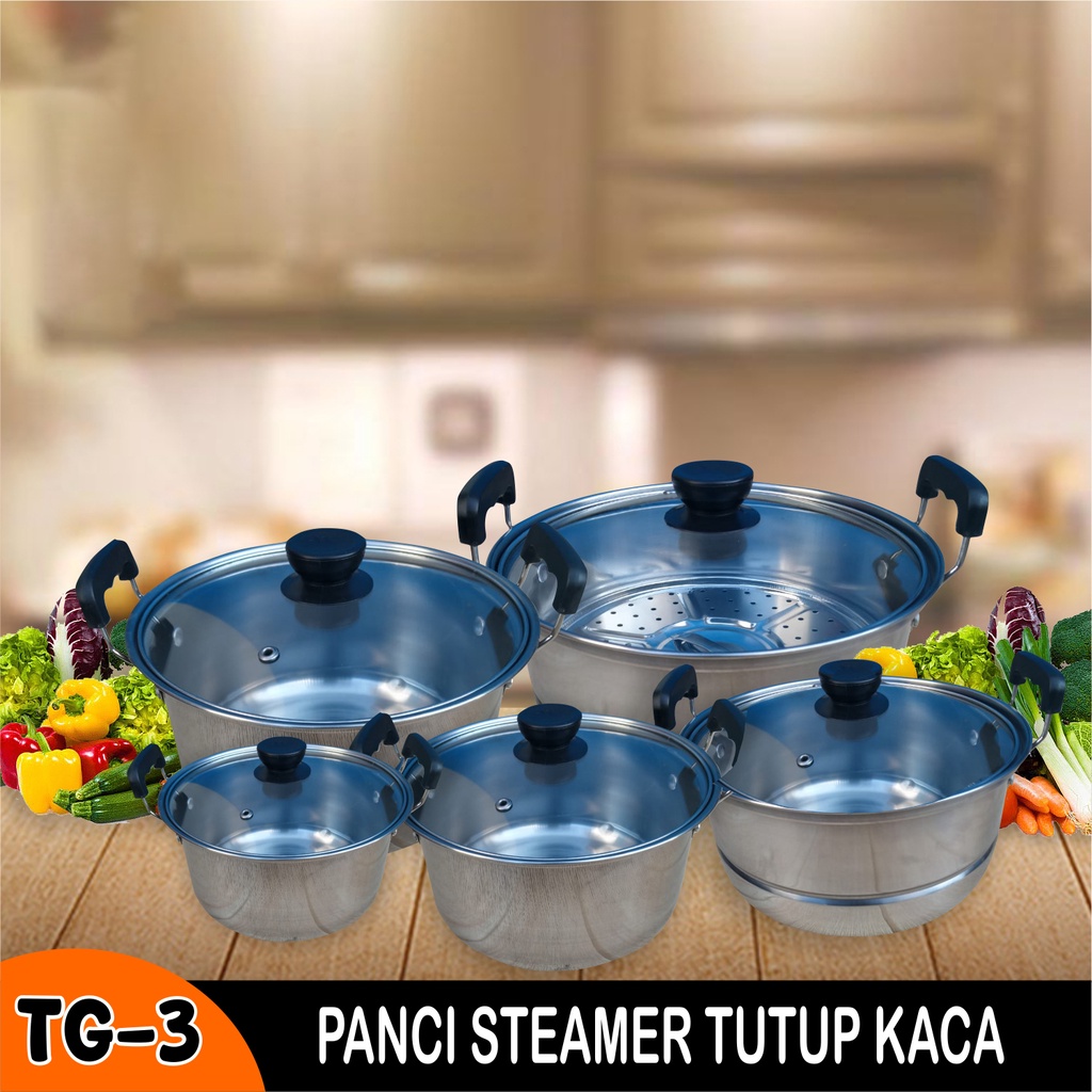 Panci Steamer tutup Stainless dan tutup kaca Tg 1 Set 5 In 1 Steamer Stainless Baskom Kukus Serbaguna