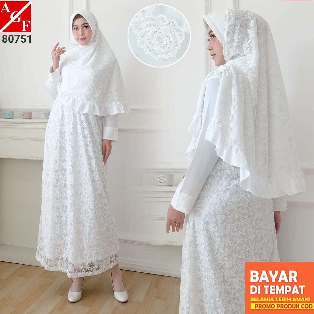 Jual Agnes Baju Gamis Putih Wanita Brukat Baju Lebaran Umroh Haji