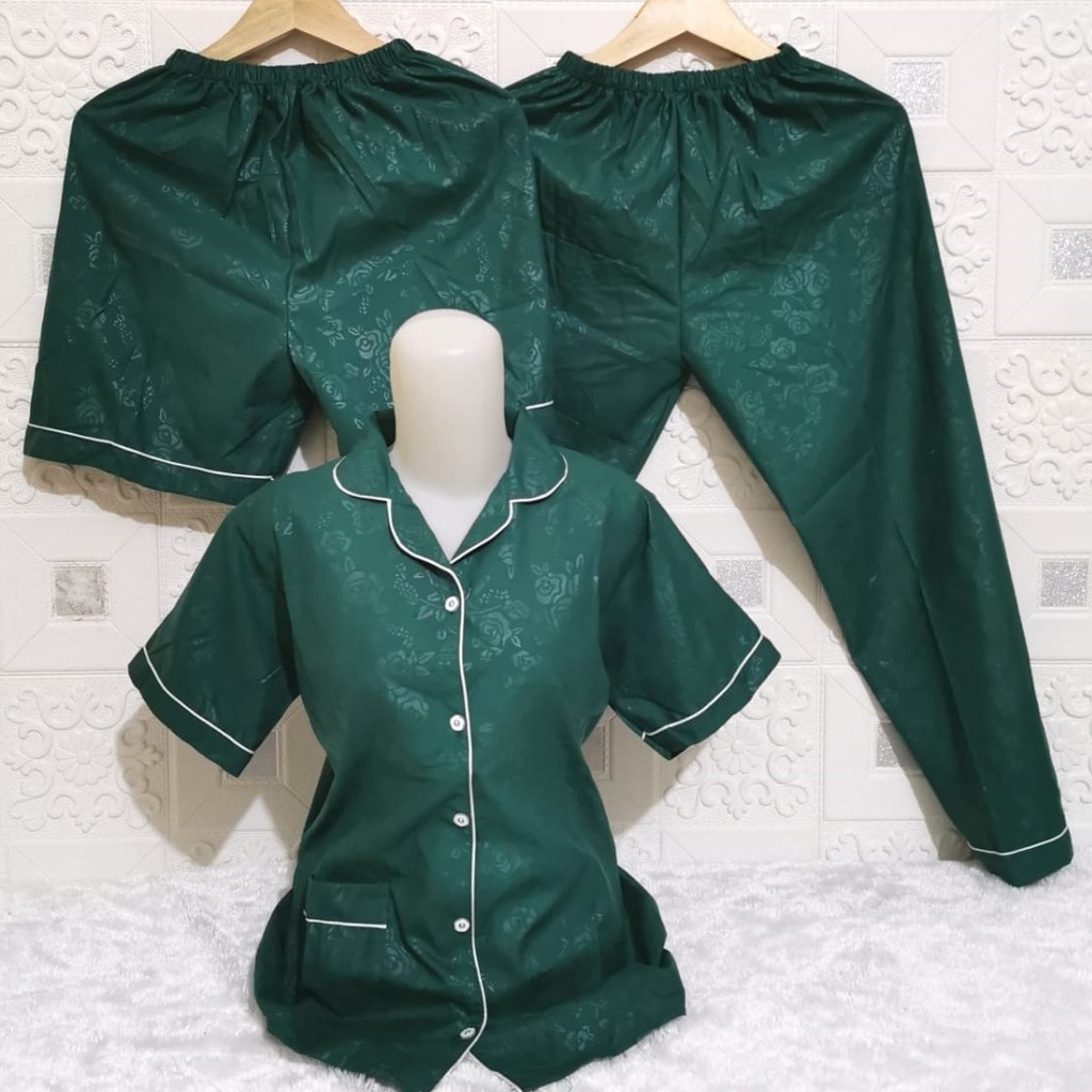 ISANNY PIYAMA SET 3IN1 SIZE.XL/PIYAMA SATIN EMBOS 3 IN 1/WARNA TERBANYAK/READY STOK/REAL PICT-HIJAU TUA