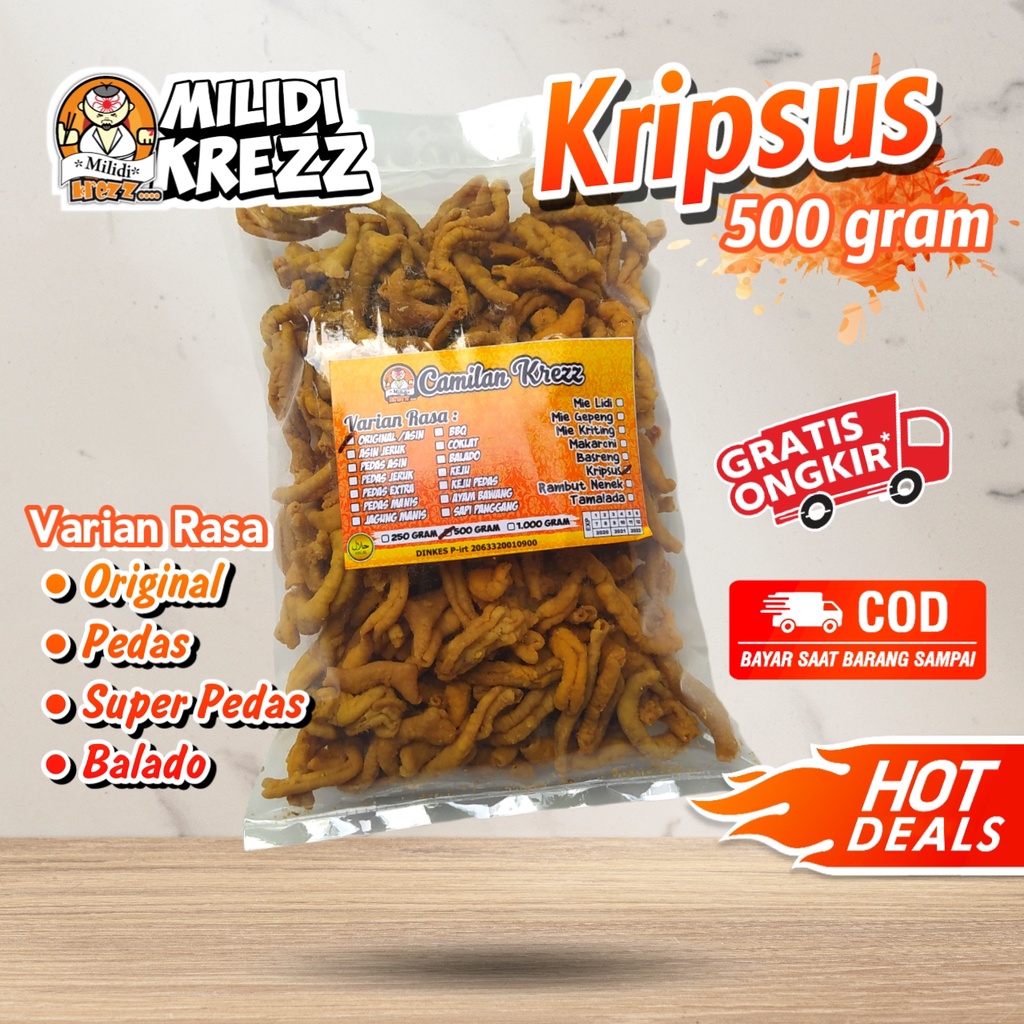 

Kripsus 500 gram Kripik Usus Ayam Cemilan Pedas Milidikrezz