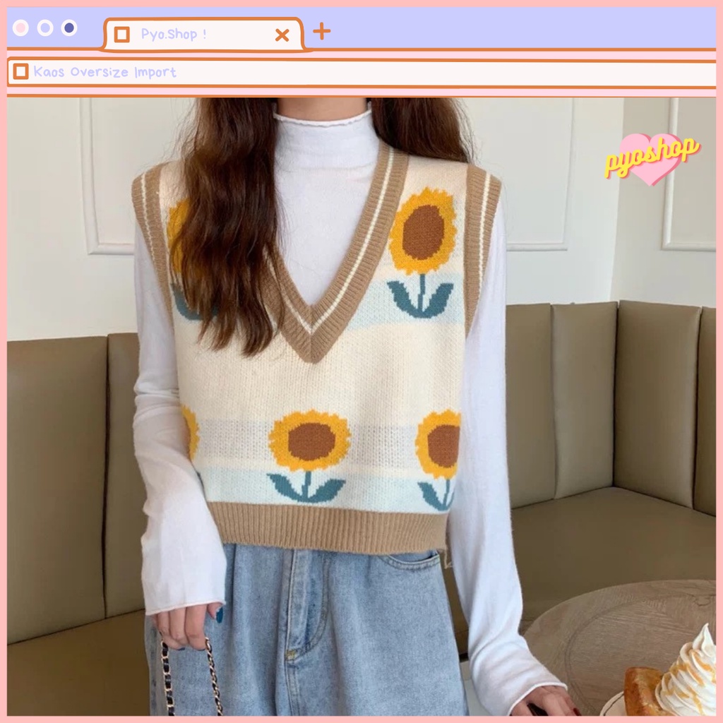 SUNNY KNIT VEST Rajut Bunga Matahari Lembut Wanita Outer