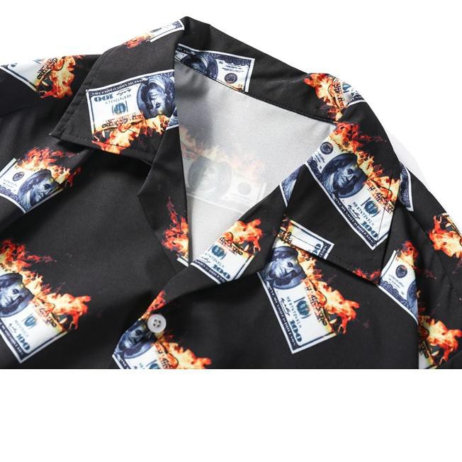 ♠ Kemeja Pria Gaya Hip Hop Flame US Dollar Polo Shirt Hawaiian Shirts Men ♨