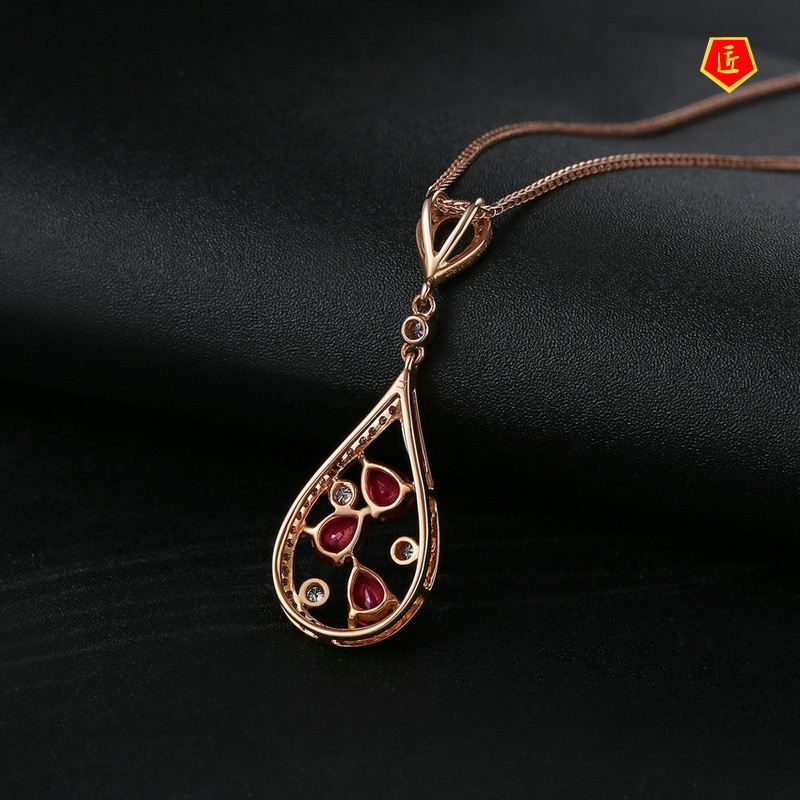 [Ready Stock]18K Rose Gold Necklace Women's Elegant Three-Color Gem Drop-Shaped Pendant