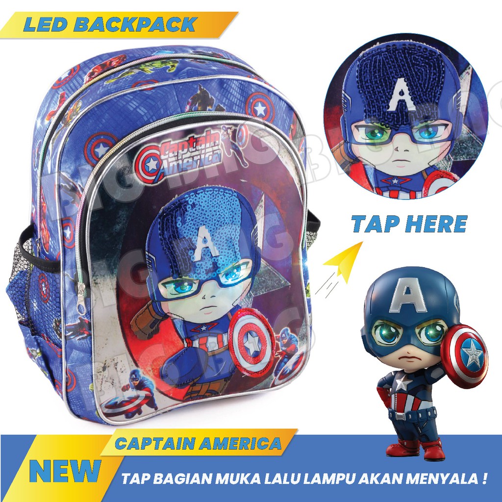 PTS - Tas Anak Laki Sequin CAPTAIN AMERICA - EXTRA - THE FIRST POWER - UKURAN SD - RANSEL LED School Bag