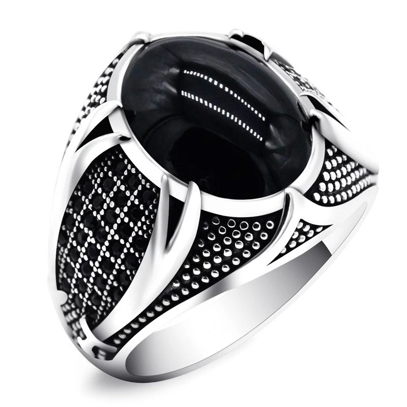 Cincin Batu Akik Black Onix Agate Hitam Pekat Elegan Berkelas