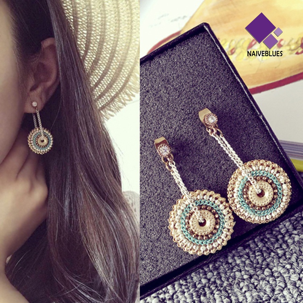 Naiveblue &gt; Anting Tusuk Gantung Desain Bulat Hias Berlian Imitasi Gaya Bohemian Handmade Untuk Wanita