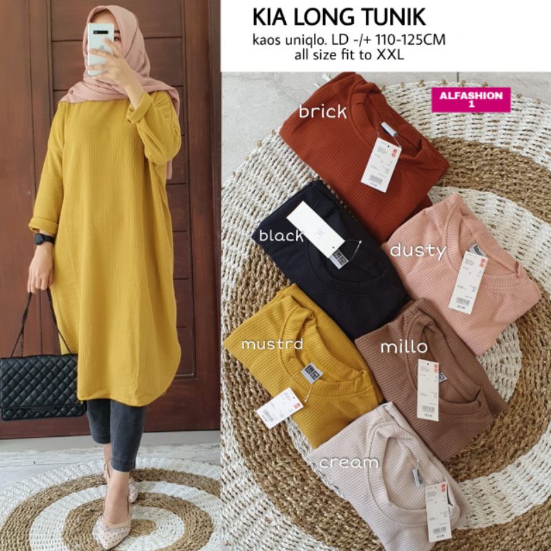Atasan Wanita Muslim KIA LONG TUNIK Bahan Kaos Uniqlo Ukuran LD 125 cm by ALFASHION