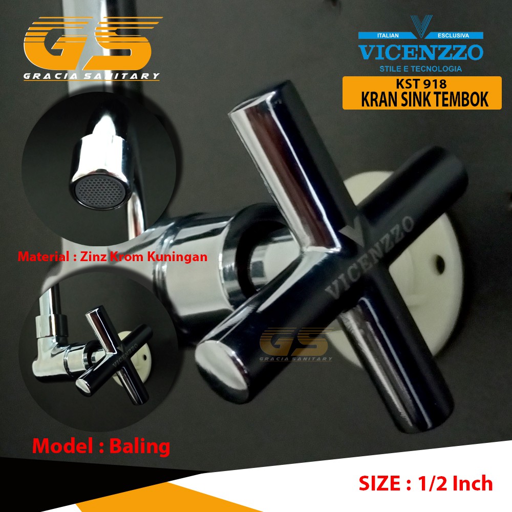 Kran Sink Angsa Tembok Kuningan Vicenzzo KST918 Kran Cuci Piring Wastafel 1/2inch