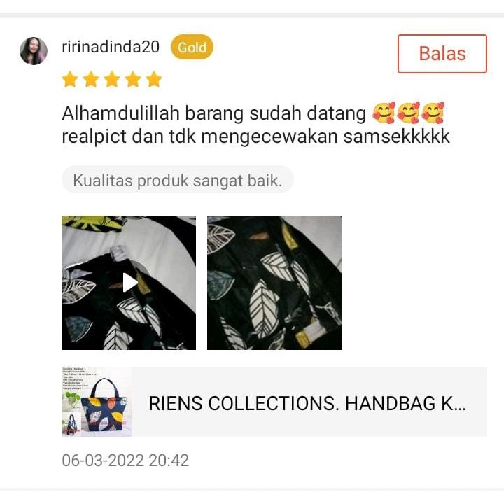 RIENS COLLECTIONS. HANDBAG KECIL BAHAN KANVAS MOTIF DAUN NANGKA BIRU