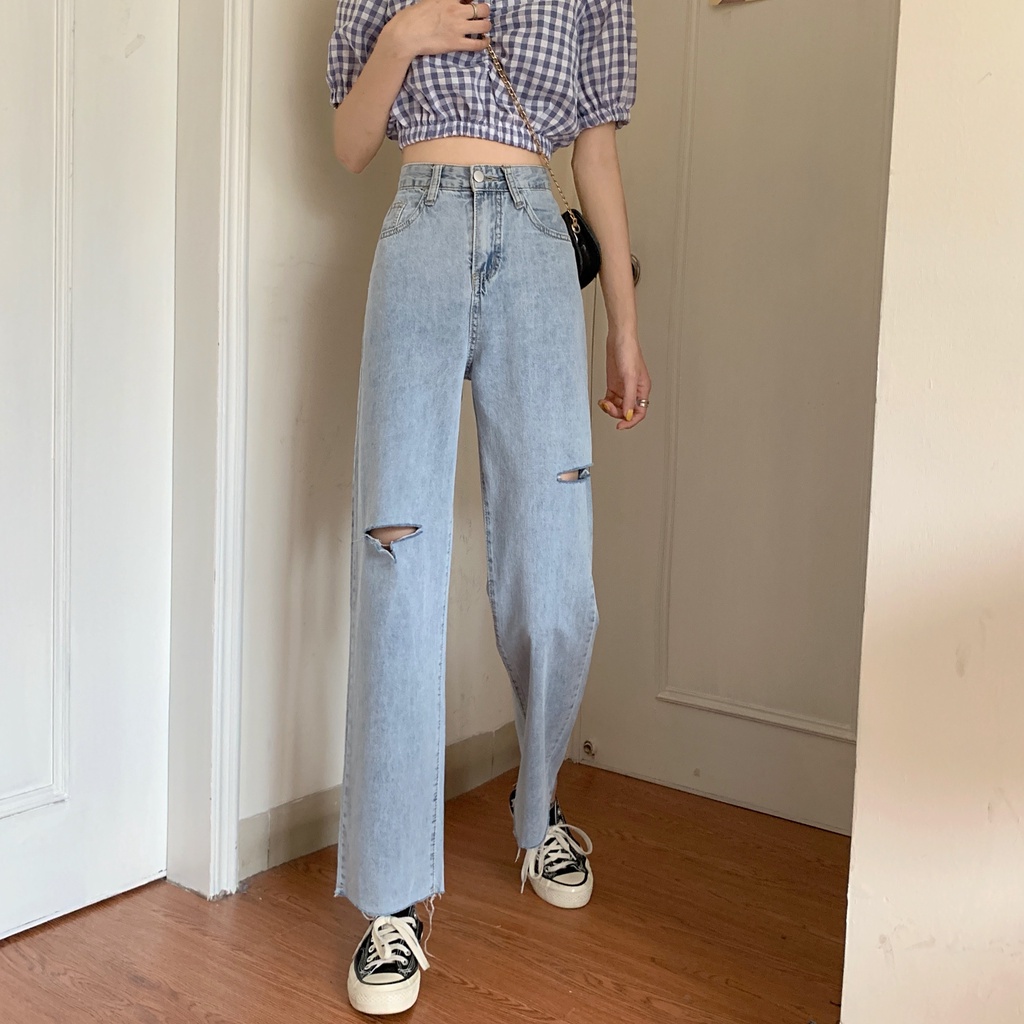 korean style new straight fit vintage kekinian boyfriend celana robek jeans panjang wanita