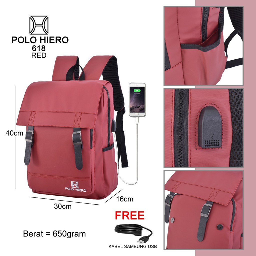 New Model Unisex Ransel Sekolah Kuliah Polo Hiero 618 , [Free Kabel Extension USB]