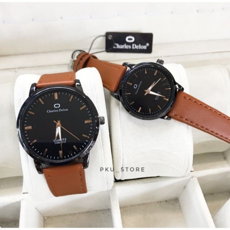 JAM TANGAN COUPLE CHARLES DELON TALI KULIT WATER RESISTANT PRIA DAN WANITA