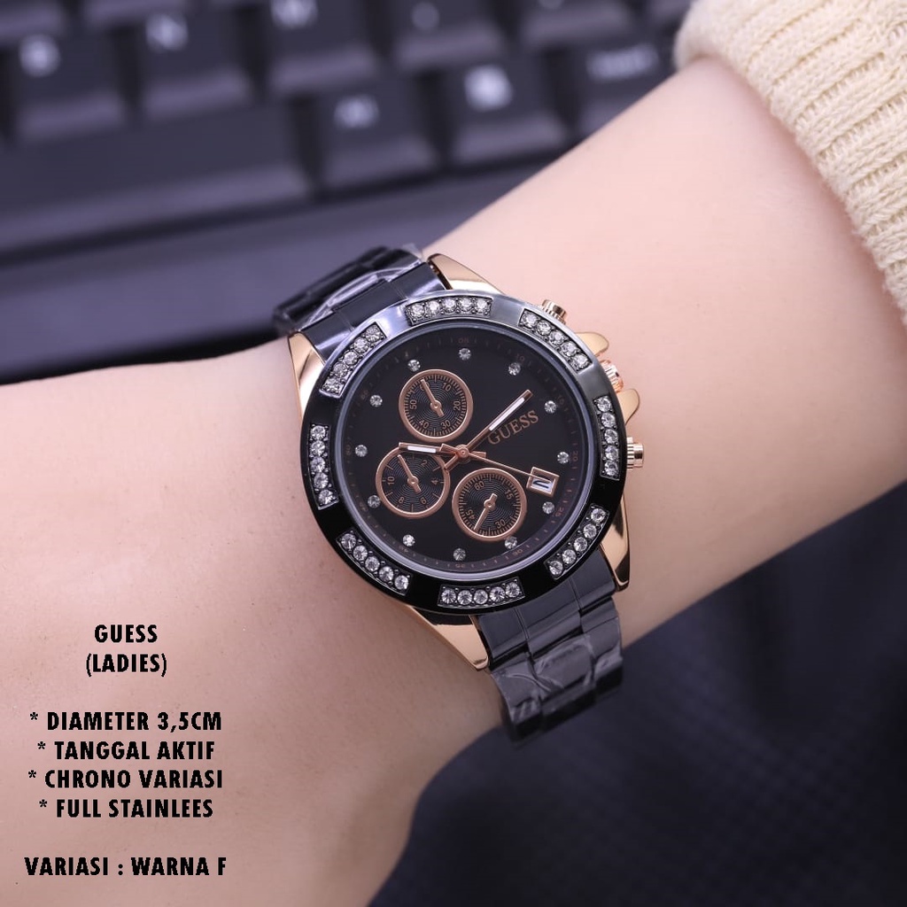 (BISA COD) JAM TANGAN WANITA GUESS RANTAI BODY BULAT TANGGAL AKTIF CHRONO OFF