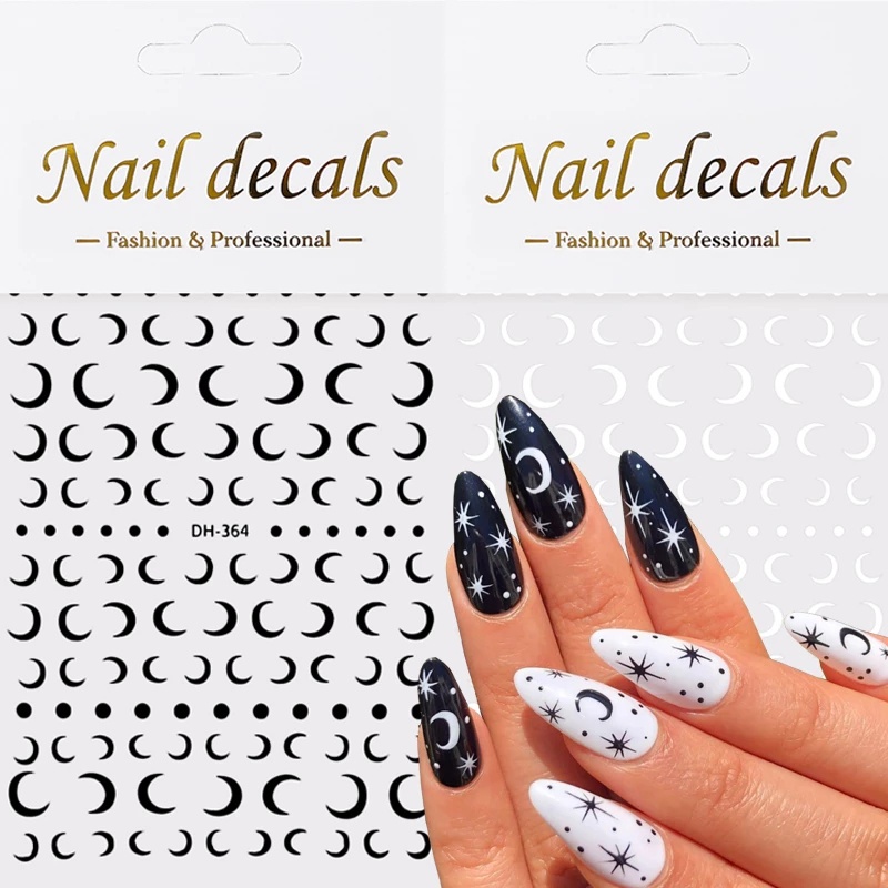 Stiker Kuku Motif Bulan Sabit Warna Hitam Dan Putih Untuk Dekorasi Nail Art