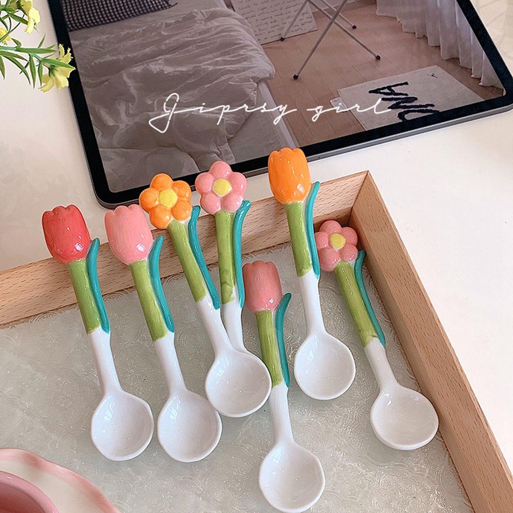 【 ELEGANT 】 Sendok Teh Bunga Dapur Rumah Berbentuk Tulip Tahan Panas Alat Pengaduk Scoop