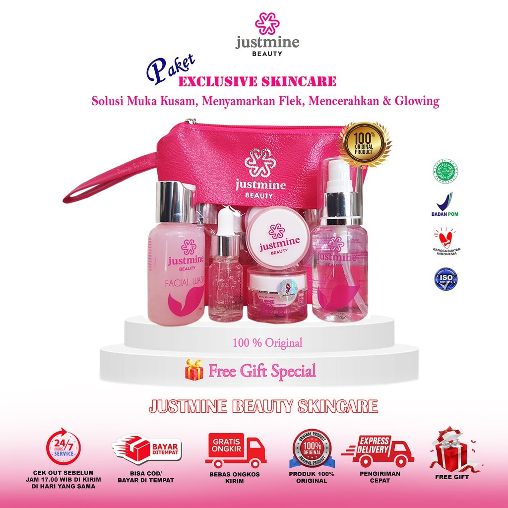 Justmine Beauty Skincare Paket Glowing night glow Acne Jelly Mencerahkan wajah BPOM COD-3