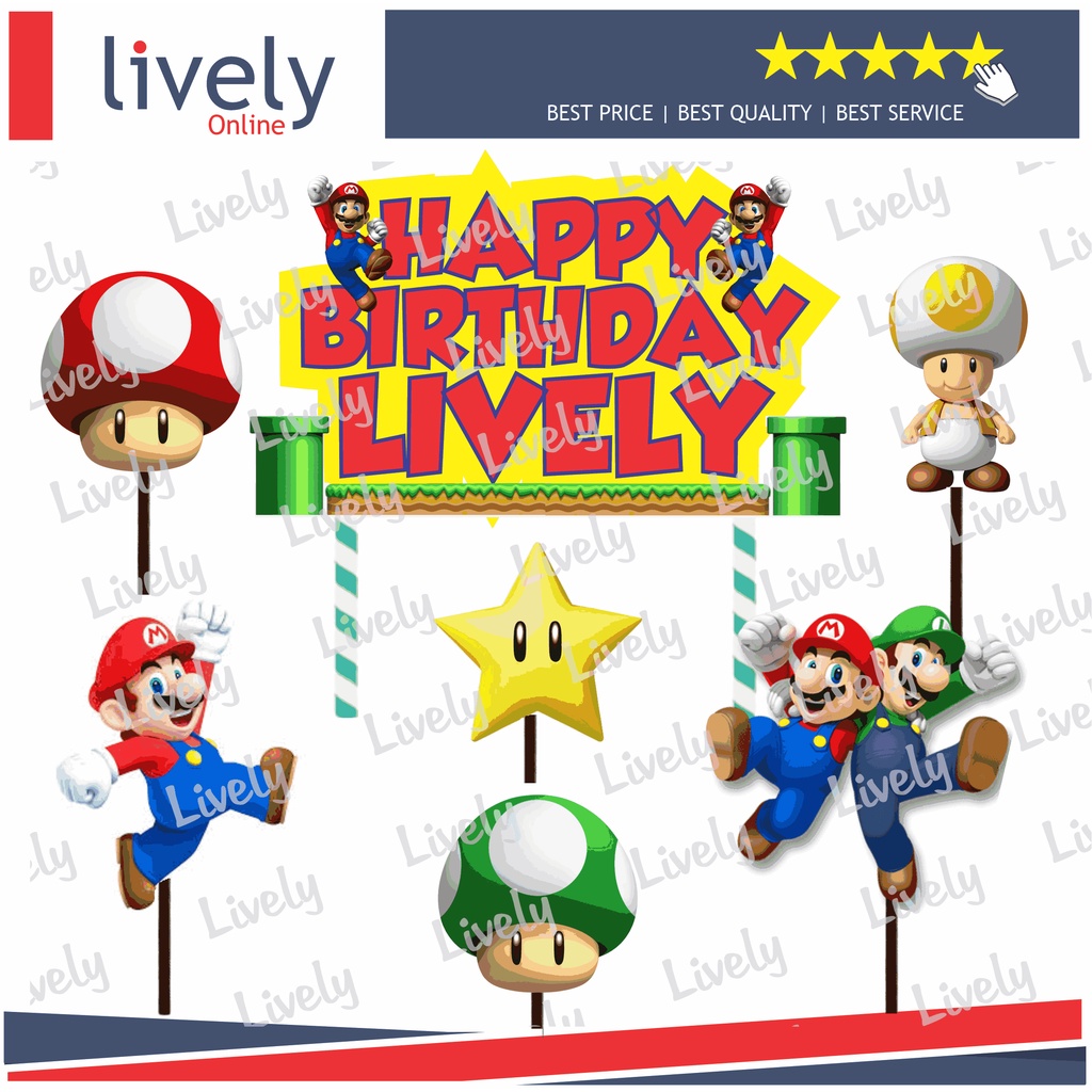 CAKE TOPPER KARAKTER HIASAN KUE HBD HAPPY BIRTHDAY CUSTOM NAMA MARIO BROSS set