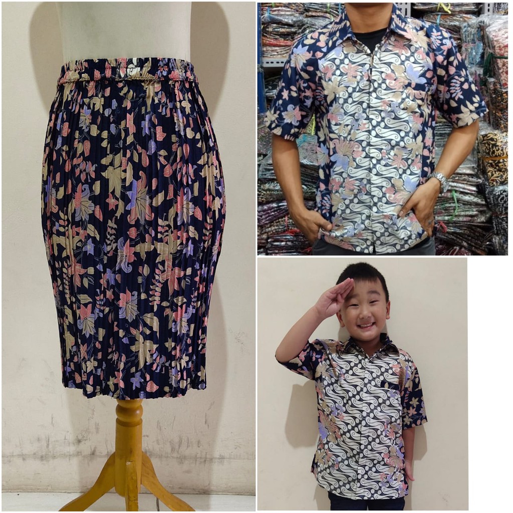 SB Collection Couple Keluarga Dellawati Rok Midi Plisket Jumbo Kemeja Anak Dan Kemeja Batik Pria