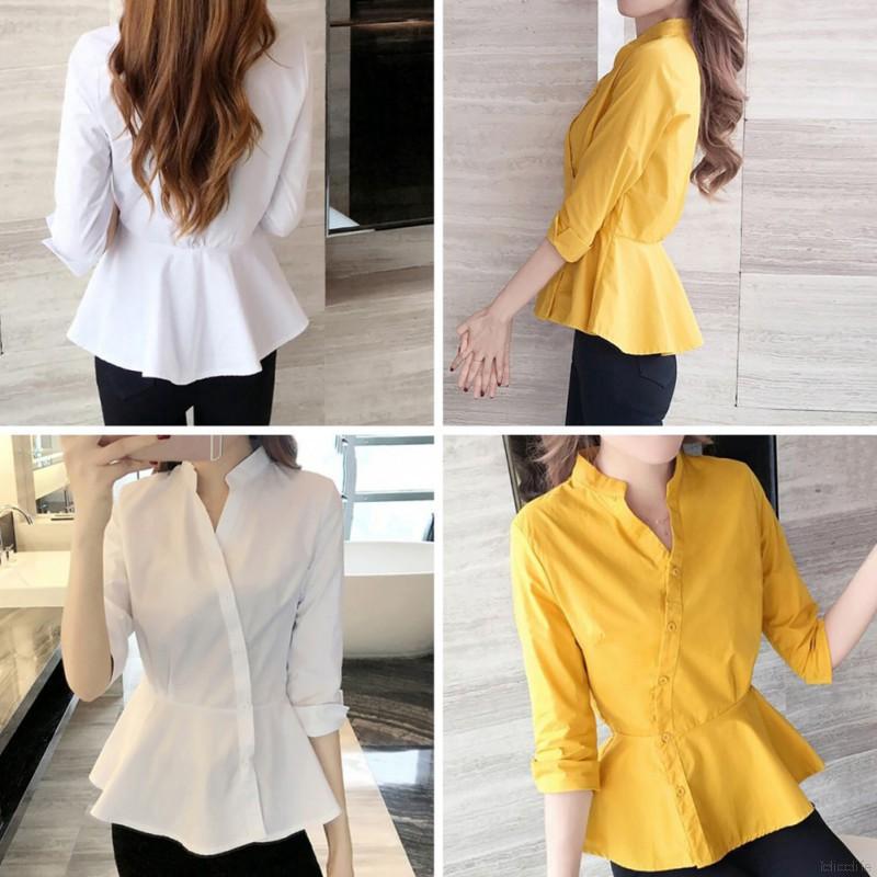 Blus Wanita Model Kancing Lengan 3 / 4 dengan Kerah V-Neck ...