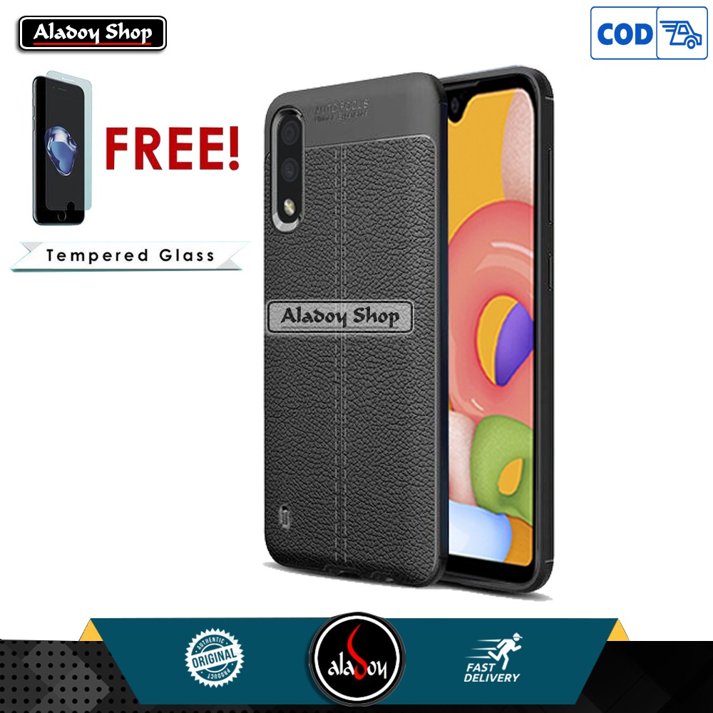 PROMO PAKET Case Autofocus Leather Premium Softcase + Tempered Glass Pelindung Layar SAMSUNG A01