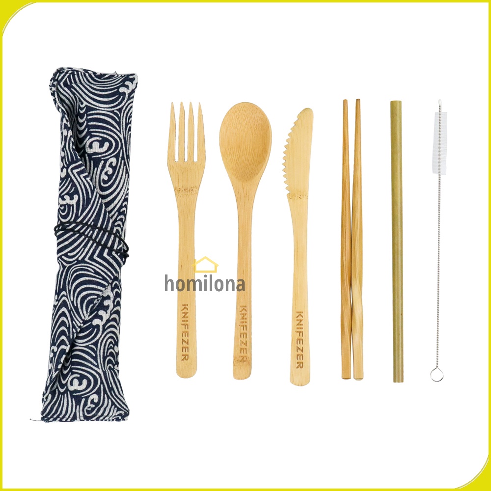 Cutlery Set Perlengkapan Makan Sendok Garpu Pisau Sumpit Sedotan Japanese Style Bamboo - KNIFEZER EA02510 - Wooden