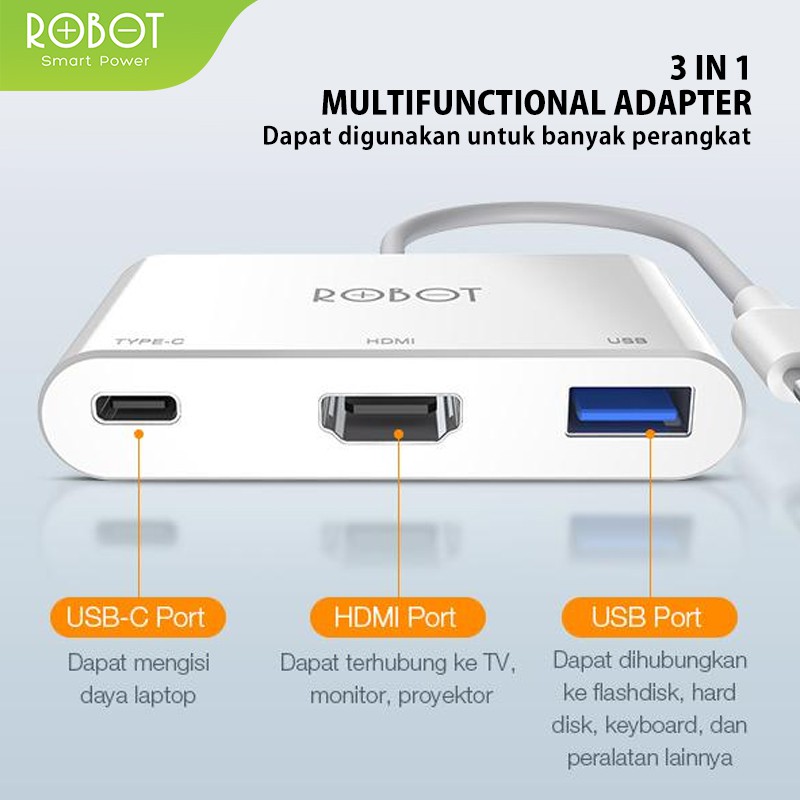 ROBOT HT430 3 in 1 USB C HUB Adapter, With HDMI 4K, PD 100W, USB3.0 White - ORIGINAL Garansi 1 Tahun