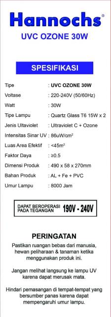 Lampu Desinfektan UVC + Ozone 20 &amp; 30 Watt Hannochs