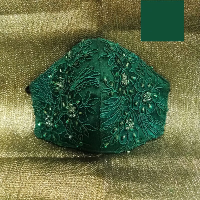 Masker Kain Pesta Payet Hijau Tua / Hijau Botol 3 Lapis / Masker Pengantin Bunga Brokat / Idul Fitri