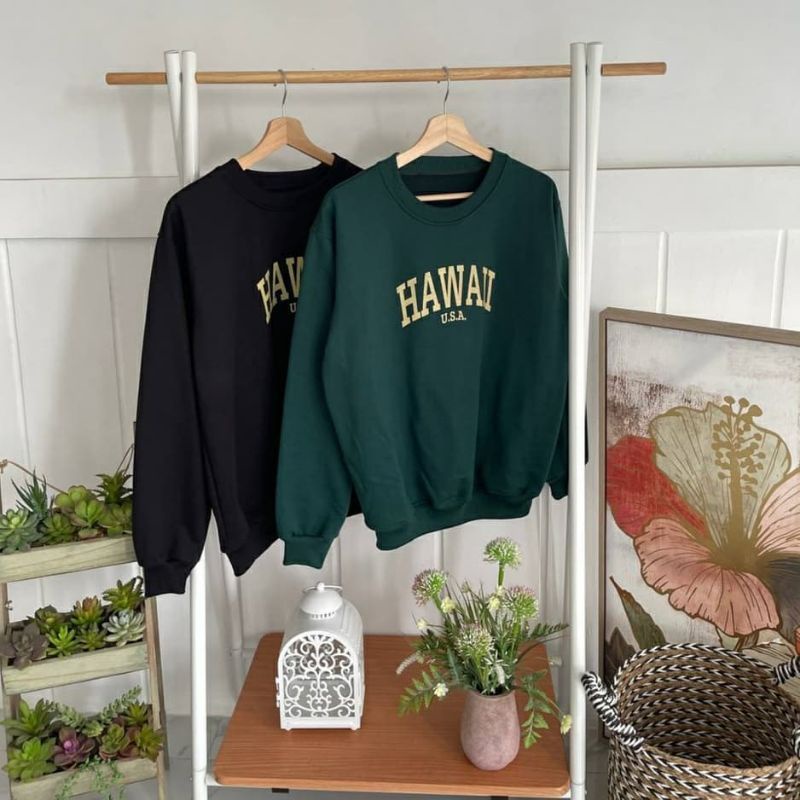 sweater Hawaii hijau daun green swag Harajuku// crewneck sweetshirt wanita pria perempuan laki cewe cowo unisex bahan fleece// sweater distro viral// Women Man Sweatshirts Loose Oversize Pullover