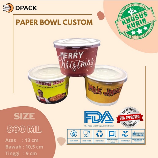 CUSTOM PRINT Paper Bowl 800 ml (27oz) + Tutup | Qty 500 pcs