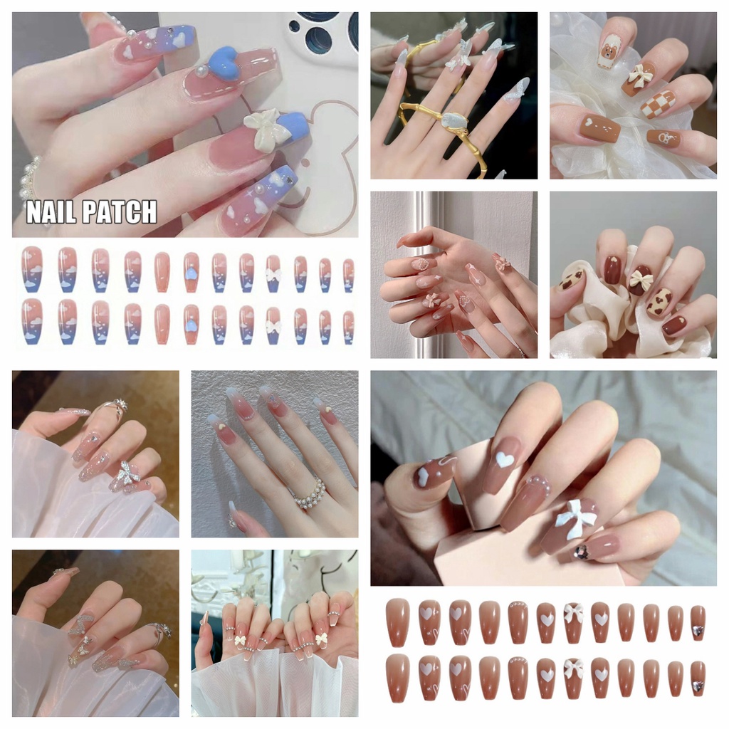 24pcs / Set stiker kuku palsu anti nail air 3d imlek kuku palsu murah pengantin panjang pendek anak bening polos wedding kaki manikur set nail sticker art