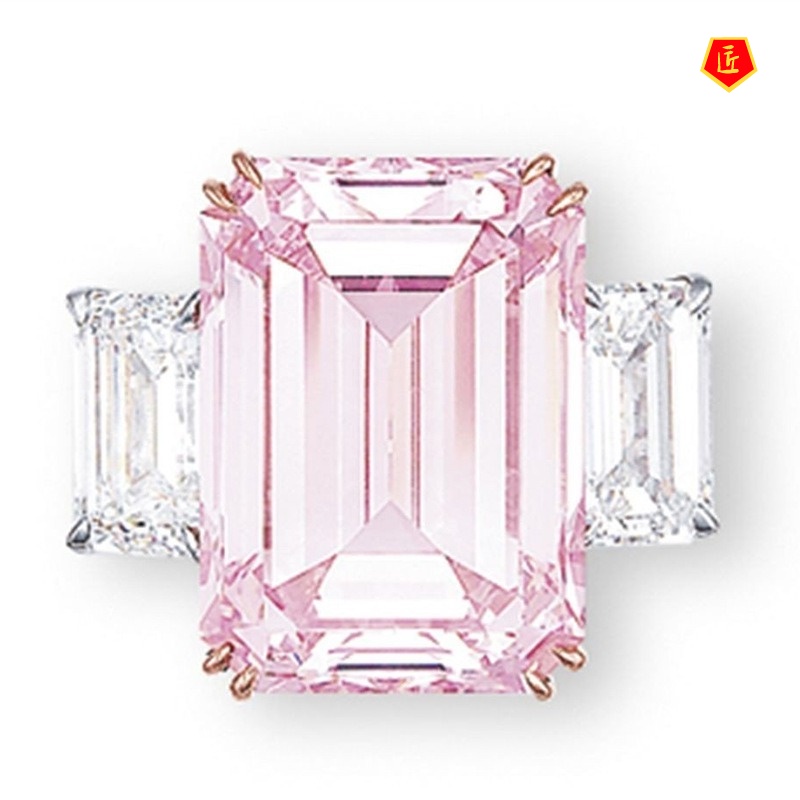 [Ready Stock]Pink Crystal Color Separation Square Diamond Ring Luxury and Elegant
