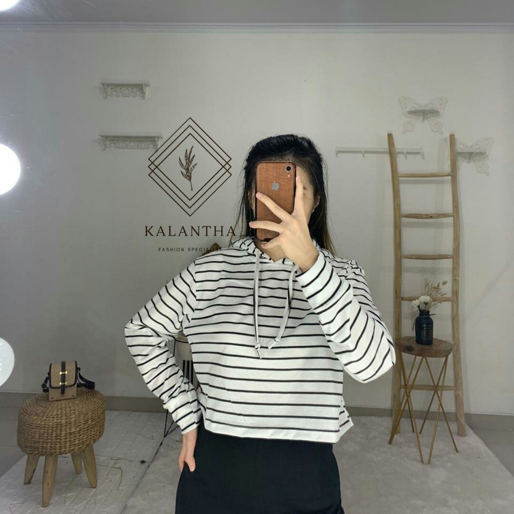 SALE !! KALANTHA FASHION Crop Tee Salur Hoodie Wanita Kekinian All Size-1