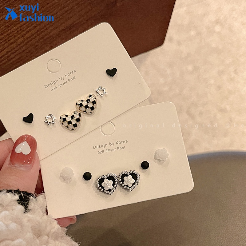 3 Pasang / Set Anting Stud Desain Hati Bunga Papan Catur Aksen Mutiara Gaya Elegan Untuk Wanita