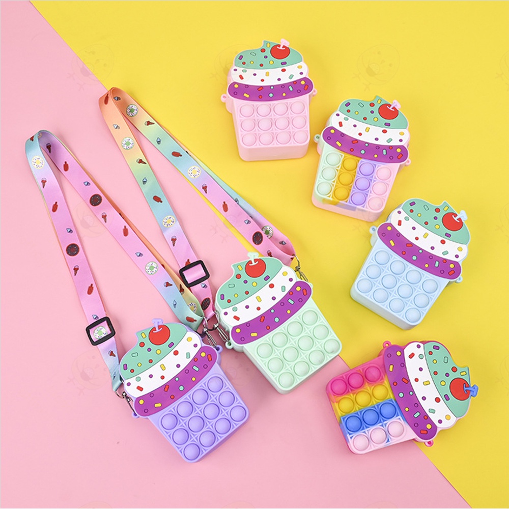 Lacoo Tas slempang Pop it anak perempuan mini Sensory karakter anak kue Tas pop it anak fashion