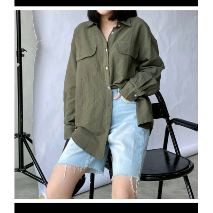 Kemeja Oversize wanita hijau army lumut