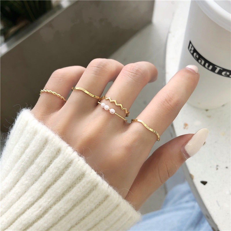 Set 5cincin Untuk Wanita Korea Simple Geometris Mutiara