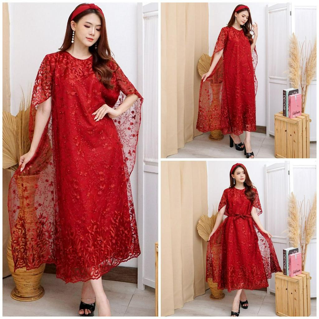 Long Dress Nagita Brukat Tille Bordir + Mutiara Gliter LongDress Batwing Brokat Premium