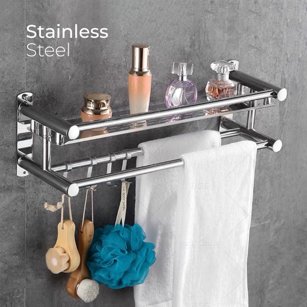 Rak Kamar Mandi 2 susun 40 50 60cm Dinding Rak Sabun Shampo Bumbu Dapur Stainless Steel Rak Tempel Gantung Rak Handuk