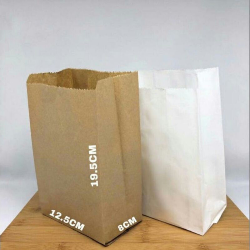 

100pcs - Paper Bag Kantong Kertas Makanan Kue Roti Donat Ayam Goreng Shihlin - Brown Kraft/ Putih