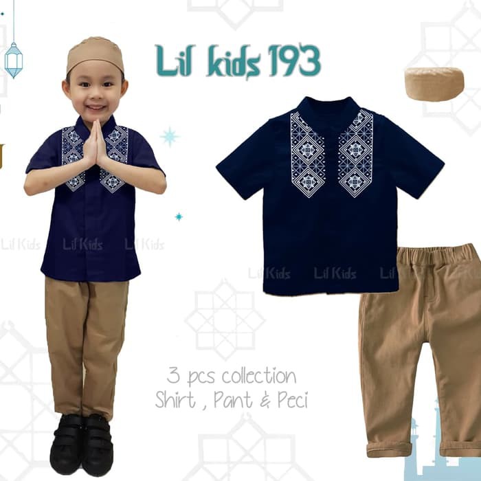 Setelan Koko / Baju Koko Anak+Peci: LK 193 H KIDS BIRU DONGKER (2-7 Tahun)