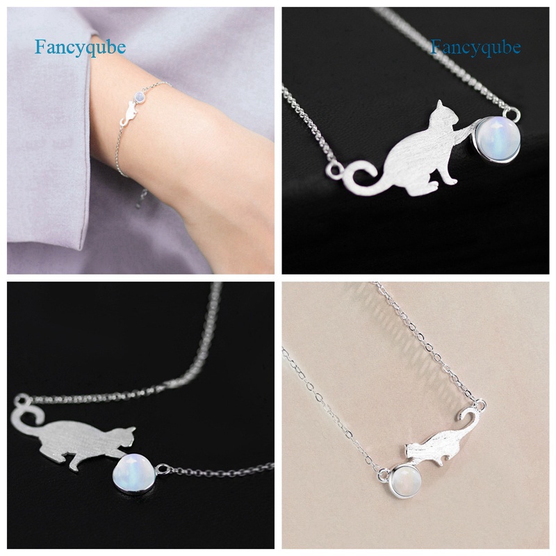 Fancyqube Gelang Tangan Sterling Silver 925 Desain Hewan Kucing Lucu Hias Kristal Moonstone Untuk Wanita