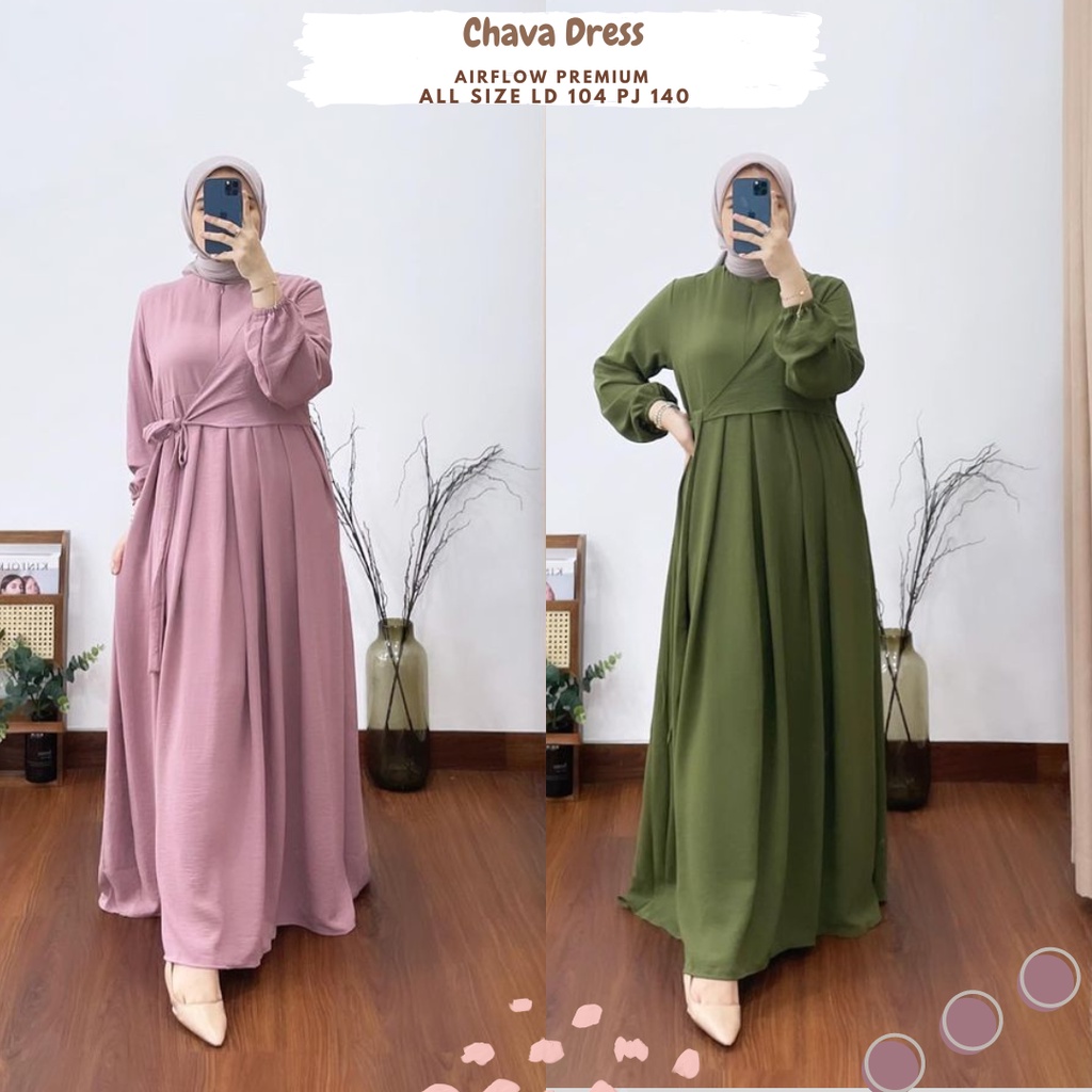 Chava Dress Ld 104/Dress Airflow Polos/Dress Ikat Depan/Dress Kondangan/Gamis Busui/Gamis Airflow