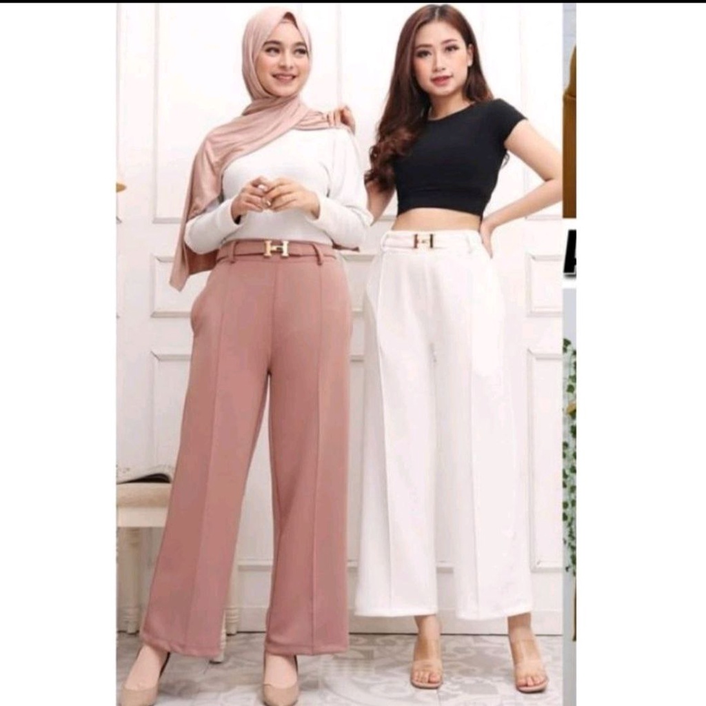 (UDHMA) Celana Kulot Cubit Bahan Scuba Belt H/ Kulot Scuba Cubit Highwaist Belt H