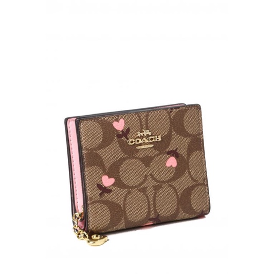 COACH Snap Case Mini Wallet In Coated In Canvas With Heart Print Khaki