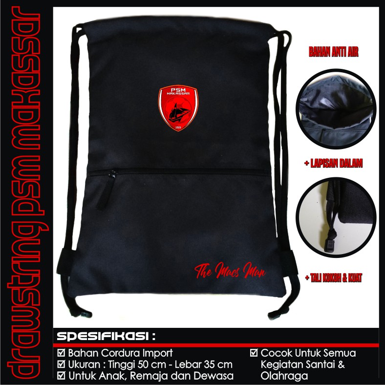 Tas Serut Drawstring Futsal Sepak Bola Olahraga PSM Makassar Full Black Tas Gym Sepatu Premium Murah