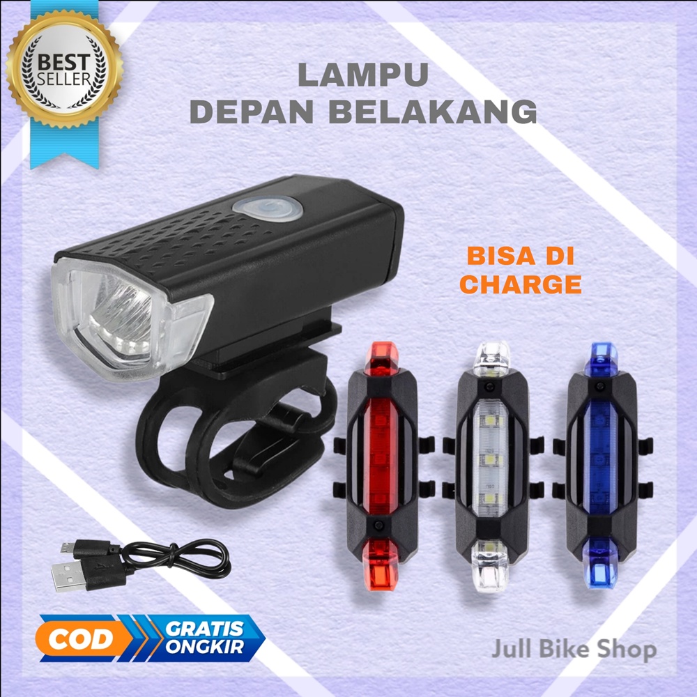 Paket lampu depan dan belakang led sepeda charge rechargeable merah biru terang senter cas lipat mtb anak fixie bmx usb