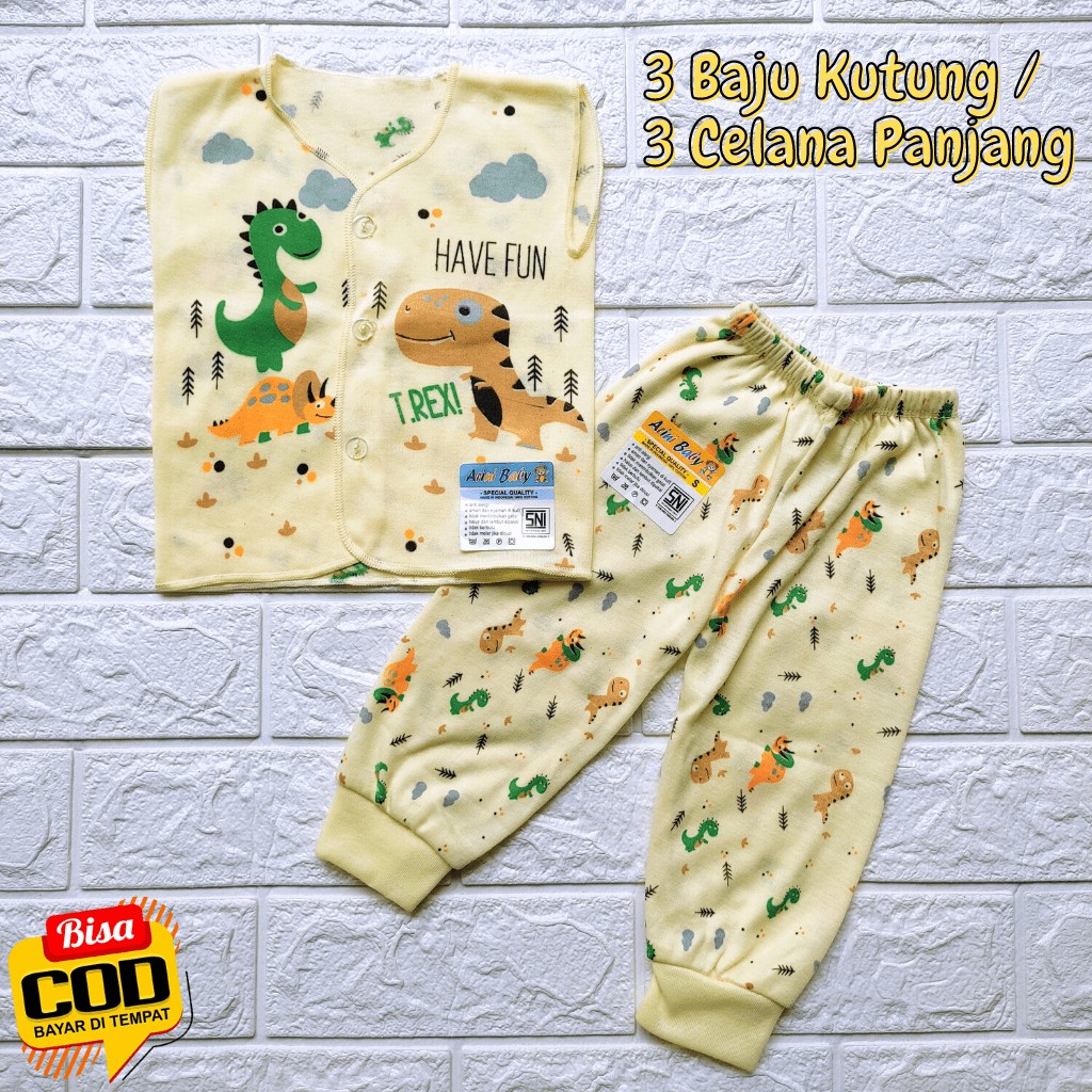 6 PCS Perlengkapan Baju Celana Bayi Baru Lahir 3 Baju Kutung 3 Celana Panjang Motip SNI ARINI BABY