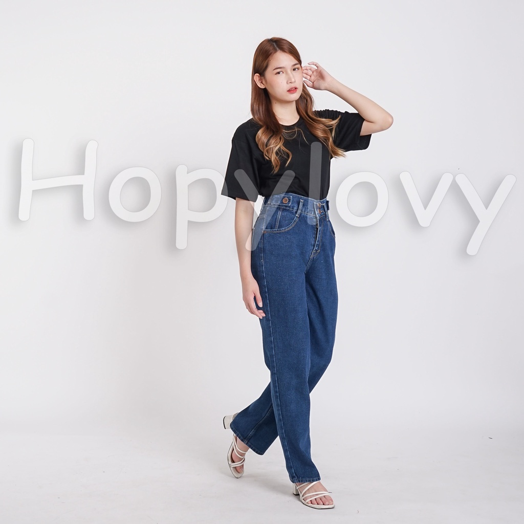 HOPYLOVY Celana High Waist Jeans | Celana Boyfriend Jeans | Celana Panjang Wanita Jeans Boyfriend Double Button BF Harvey