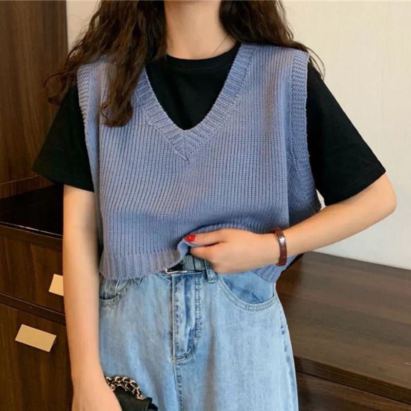 FX SHOP ROMPI CROP RAJUT / KNIT CROP VEST / VNECK CROP / FUCHIA VNECK